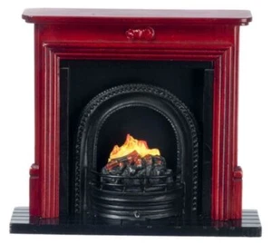 Dolls House Mahogany Fireplace with Fire in Black Grate Miniature Furniture - Picture 1 of 8