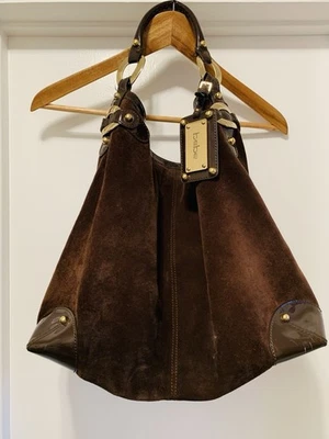 Bebe Bucket Bag Suede Chocolate Brown Handbag Lg Gold Patient Leather - Image 1 of 4