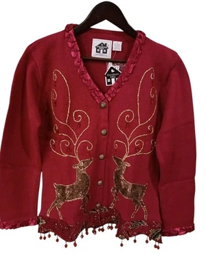 STORYBOOK KNIT Holiday Cardigan Sweater Christmas Sequin Reindeer Red NEW SZ S - Image 1 of 4