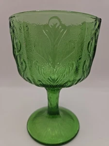 1970s Embossed OAK LEAF Green Glass Goblet Planter Vase Compote Textured FTD - Picture 1 of 8