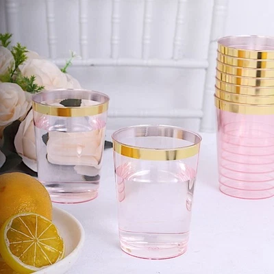 25 Crystal Blush Gold 10 oz Disposable Plastic CUPS Gold Trim Party Events - Image 1 of 4