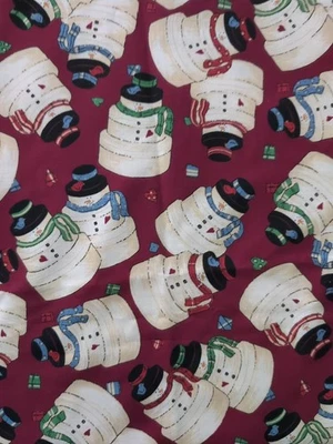 2  Yards Vintage Cotton Fabric - Hatbox Snowmen On Burgundy - Image 1 of 3