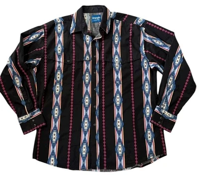 Vintage 90s Wrangler Aztec Pearl Snap Western Cowboy Shirt Stripe USA Size XL - Image 1 of 4