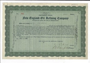 MASSACHUSETTS 1923 New England Oil Refining Company Stock Certificate - Picture 1 of 2