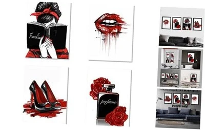 Arte de pared en lienzo Facioro Moda Mujer, decoración de pared roja para decoración de dormitorio, rojo 03 Foto 1 de 4