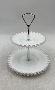 White Milk Glass Ruffle Edges Decorative Centerpiece 2 Tier Trays - Picture 1 of 8