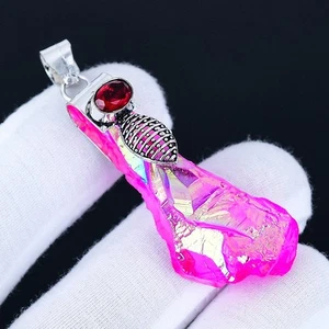 Pink Titanium Quartz 925 Silver Plated Handmade Pendant of 2.32" - Picture 1 of 3