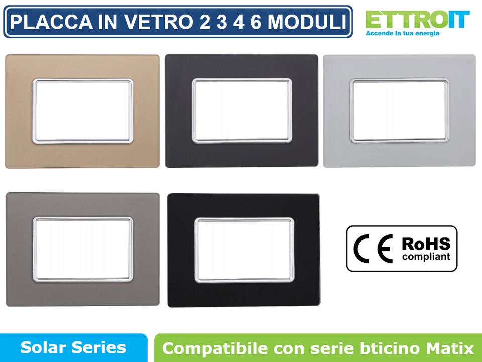 ETTROIT PLACCHE IN VETRO 2 3 4 6 MODULI COMPATIBILE CON BTICINO MATIX VARI COLORI