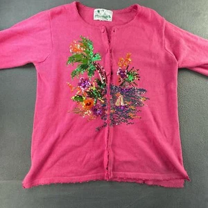 Quacker Factory Sweater Womens L Pink Sequins Palm Granny Cottagecore Crochet - Picture 1 of 15