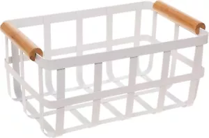 Rectangular Metal Storage Basket with Bamboo Handles | Large | White - Picture 1 of 5