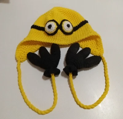 Minions Handmade Knit Hat With Hands &Ear Flaps Size Large - Image 1 of 4