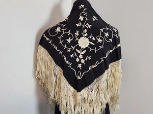 Piano Shawl Antique 1920s 1930s Flapper Canton Black Silk Embroidered - Picture 1 of 18