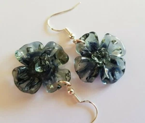 Big Flowers Dangle Drops Earrings JewelryTransparent Dark Grey Color Handmade - Picture 1 of 12