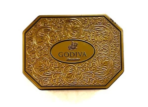 Vintage Godiva Chocolatier Chocolate Biscotti Collectable Tin Gold Embossed 5x7” - Picture 1 of 3