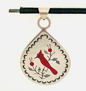 Navajo Designer Raymond Boyd Sterling Silver Cardinal Bird Pendant Abalone Coral - Picture 1 of 6