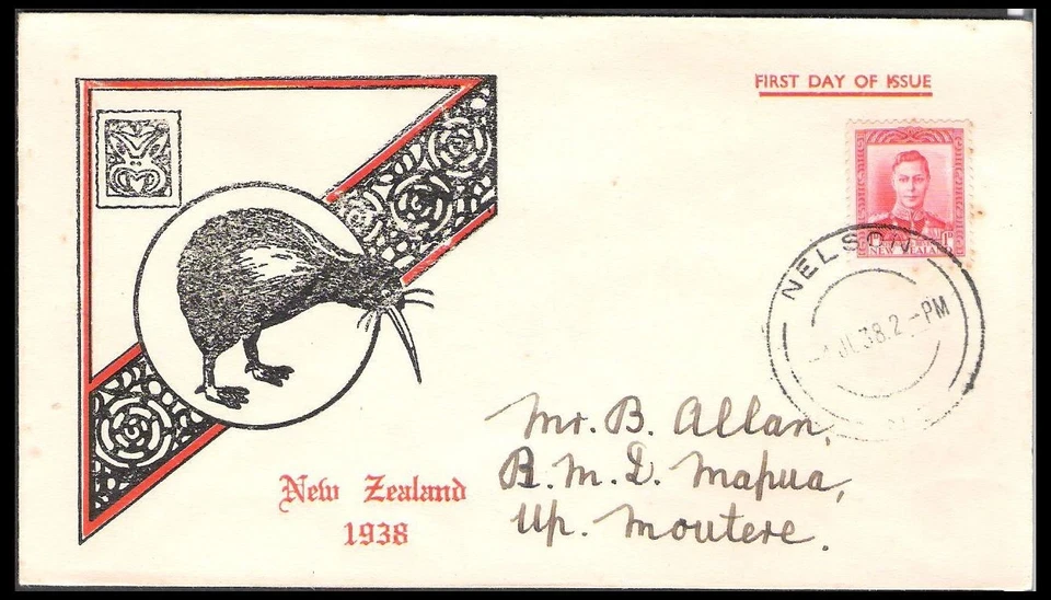 NEW ZEALAND 1938 KGVI 1d RED 'RED & BLACK FRAME' FDC (JF-F) - Image 1 of 1