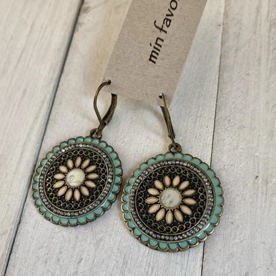 Min Favorit Upcycled Painted Antique Brass Mandala Flower Pendant Earrings OOAK! - Image 1 of 4