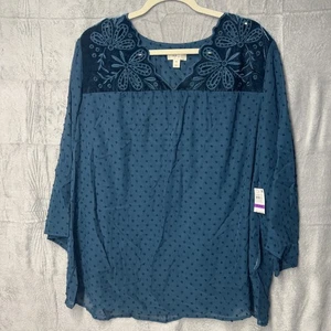 Blusa transparente boho campesina azul azulado lunares suizos manga 3/4 Style & Co XXL nueva con etiquetas - Imagen 1 de 7