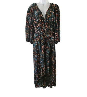 Vestido Ava & Viv Feminino Plus 2X Preto Verde Pêssego Floral Midi Manga 3/4 Faixa - Imagem 1 de 4