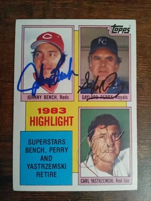 1984 Topps # 6 Carl Yastrzemski Gaylord Perry Johnny Bench autógrafo cartão assinado - Imagem 1 de 4
