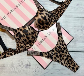 Victoria&rsquo;s Secret Shine Strap Bombshell +2 cups  Push-Up Bra Thong Set Leopard