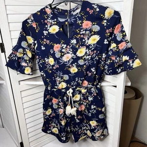 Smukke Big Girls Tween Navy Blue Floral Ruffle Sleeve Romper Size 12 EXCELLENT - Picture 1 of 10