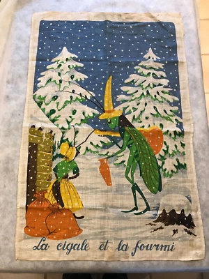 ANCIENNE TENTURE TOILE TAPISSERIE JEAN DE LA FONTAINE LA CIGALE ET LA FOURMI - Photo 1/4