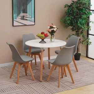 90CM Round Dining Table and Tulip Chairs Set Wooden Legs Kitchen Home Furniture - Picture 1 of 15