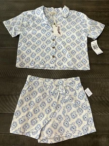 Jessica Simpson Girls S(7) Blue White Clover Short Sleeve Button Up W/ Short Set - Picture 1 of 18
