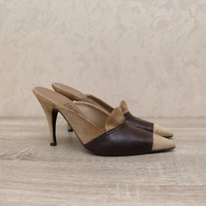 Salvatore Ferragamo Vintage Mules Heels Pumps Beige Brown Suede Leather Sz 9.5 C - Picture 1 of 16