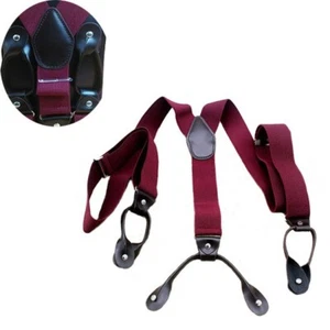 Button Holes Link Men's Suspenders-Wine Red Length Adjustable and Stretchable - Picture 1 of 6
