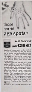 Anuncio impreso vintage Esoterica Fade Horrible Age Spots magnified on Hands 1965 - Imagen 1 de 4