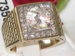 Mens gold ring signet pinky simulated diamonds square face - Picture 1 of 9