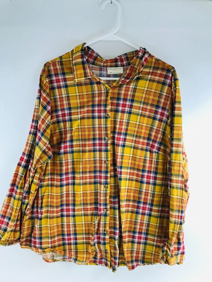 Blusa Camisa Bobbie Brooks Para Mujer Talla Grande 3X Amarillo Azul Rojo A Cuadros Abotonada Foto 1 de 4