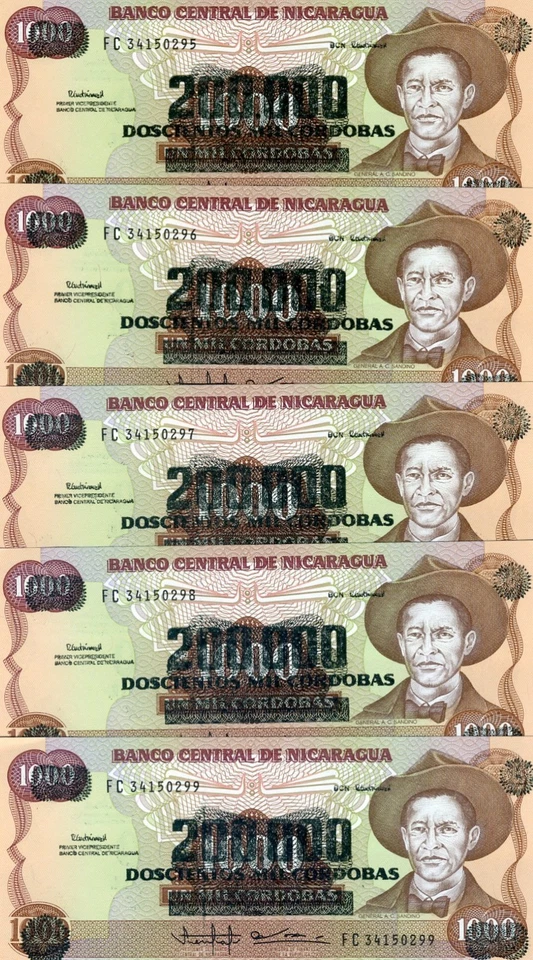 LOT Nicaragua, 5 x 200,000 on 1000 Cordobas, ND (1990), P-162,  UNC - Image 1 of 1