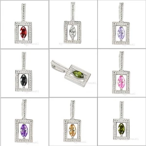 Sterling Silver Rectangle Frame w/ Marquise Cubic Zirconia Pendant (More Colors) - Picture 1 of 11