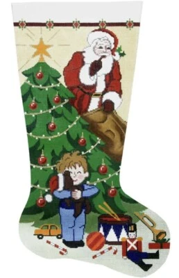 Needlepoint Handpainted Lee Christmas Stocking Shh Don't Tell Boy 23" - Image 1 of 4