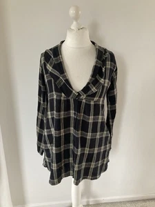 Masai L Black Check Plaid Linen Cotton Cheesecloth Peasant Blouse Tunic Pockets - Picture 1 of 8