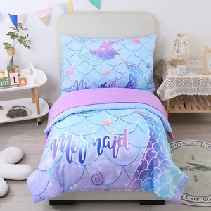 Set di Biancheria da Letto per Bambine Blu Viola Sirena Bambino 4 Pezzi... - Foto 1 di 8