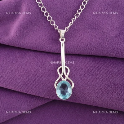 Ovale Naturale Topazio Blu Cielo Fidanzamento Cyber Monday Ciondolo 925 Argento - Immagine 1 di 4