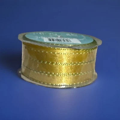 50 YDS 3/8 Gold Green Reversible Two-Color Satin Ribbon With Woven Stitched - Image 1 of 3