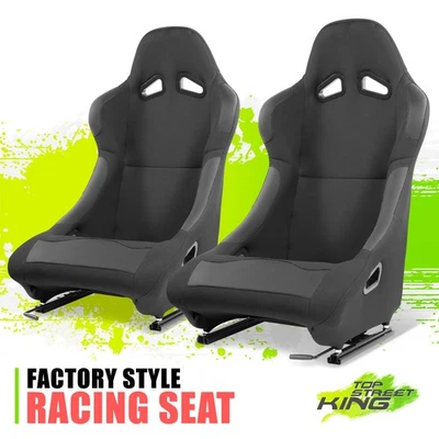 {Set of 2} Universal Woven Fabric Fixed Position Bucket Racing Seats Black L+R - Image 1 of 4