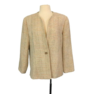 Coldwater Creek женщин кремовый зеленый шелк сплетенный текстурированный воротникless блейзер, размер 16 - Изображение 1 из 4