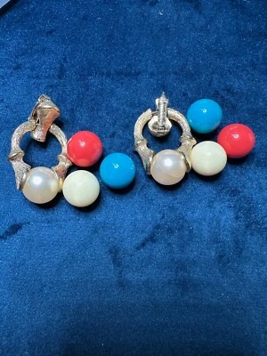 Sarah Coventry Gold Tone Clip On Earrings Faux Pearl Red Blue Beads - Image 1 of 4