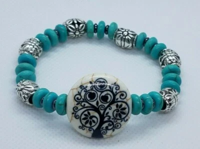 Turquoise & Hematite Gemstone Bead Stretch Bracelet Tree of Life Howlite Bead - Image 1 of 4