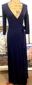 Lulus Dark Blue Maxi Wrap Dress 3/4 Sleeve Rayon Stretch Tie Women's Size S NWT - Picture 1 of 10