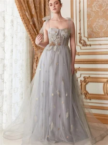 Trägerkleid A-Linie Ballkleid klassisch Tüllmuster Abendkleider bodenlang - Bild 1 von 7