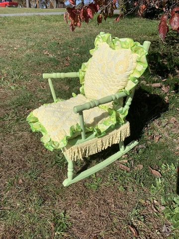 Rare Vintage Kid's Rocking Chair Lemon Lime Damask Cover Fringe 26/16 ❤️sj5m1s Cover