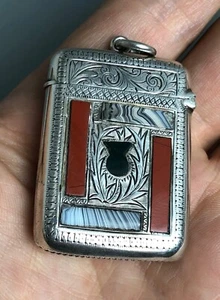 Antique Scottish Solid Silver & Agate Vesta Case Birmingham 1918 HFZX - Picture 1 of 2