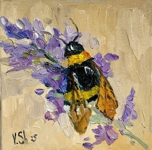 Original Painting Bumblebee Honey Bee Impasto Flower Oil Painting Signed Art - Picture 1 of 6